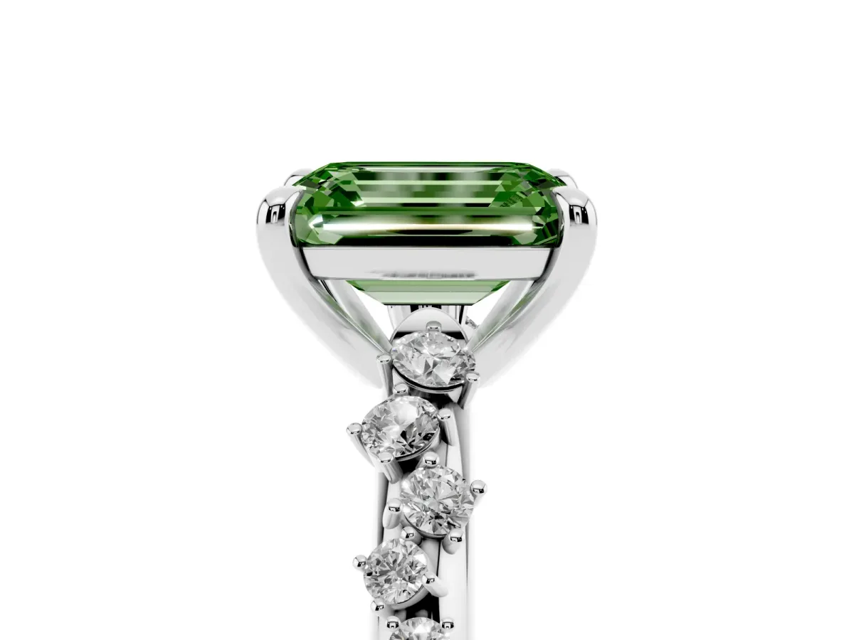 Fancy Green Emerald Cut Cut Diamond Vine Band with Four-Prong Setting Silver