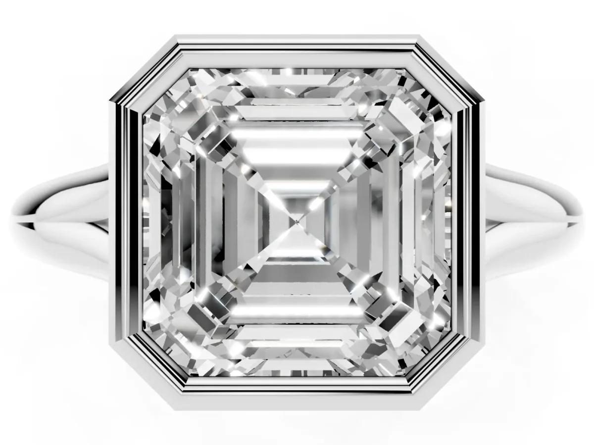 Bezel Set Asscher Cut Solitaire Diamond Ring with Smooth Band White gold