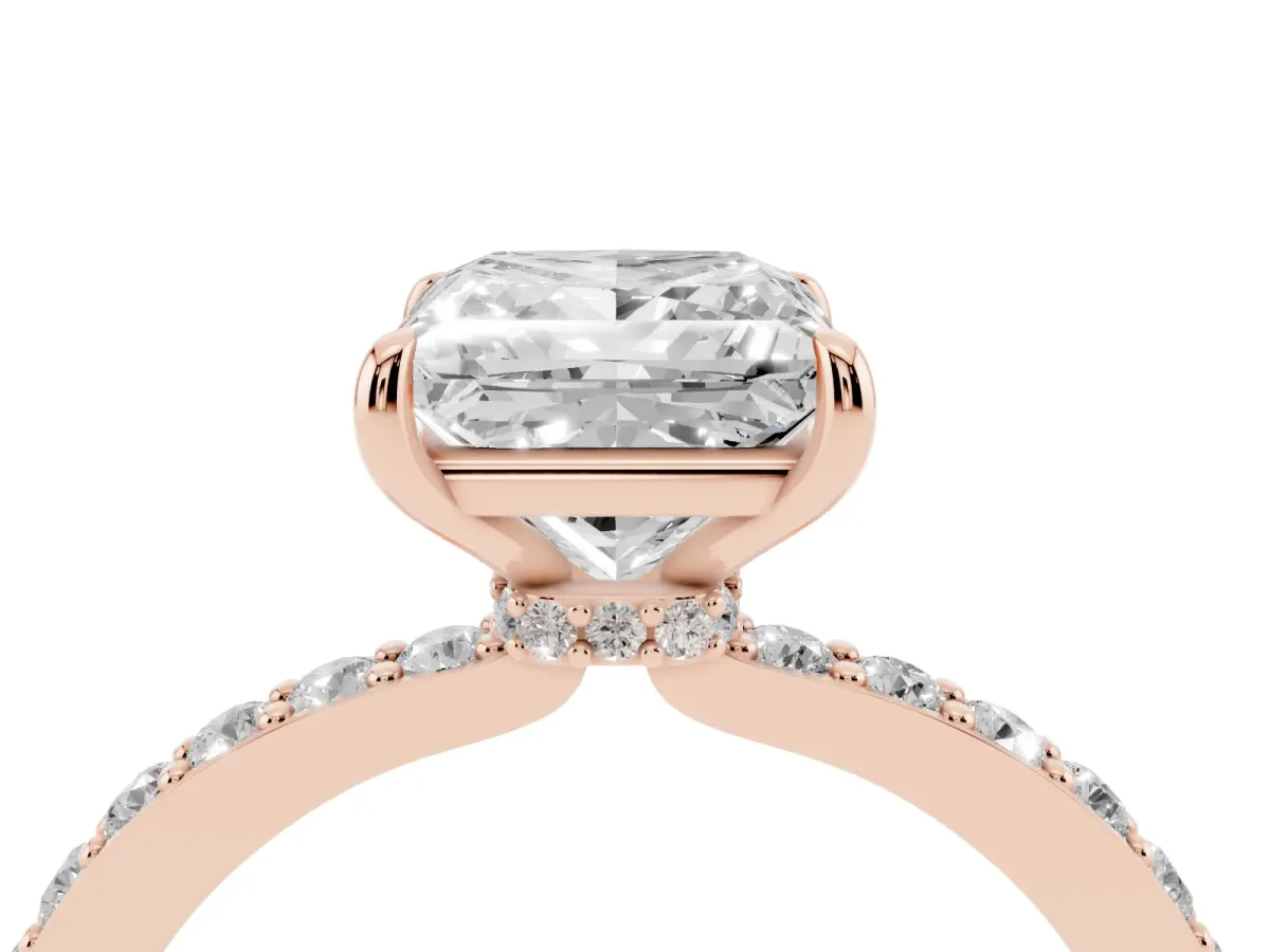 Princess Cut Diamond Solitaire Engagement Ring with Pavé Band and Four-Prong Setting Rose gold