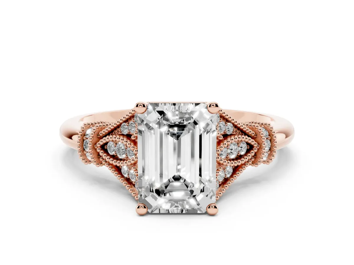 Emerald Cut Diamond Solitaire Ring with Floral Filigree and Pave Accents Rose gold