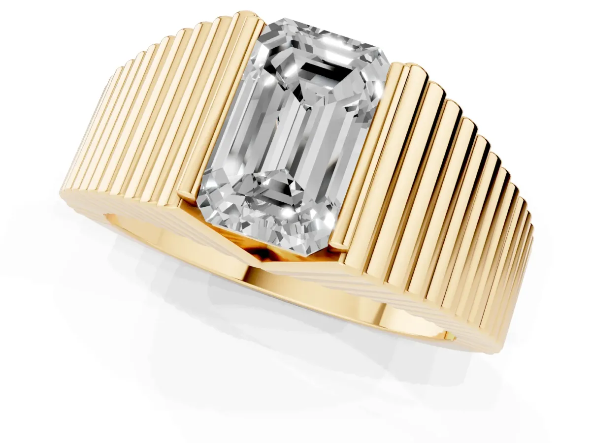 Emerald Cut Diamond Fluted Mens Ring Yellow gold