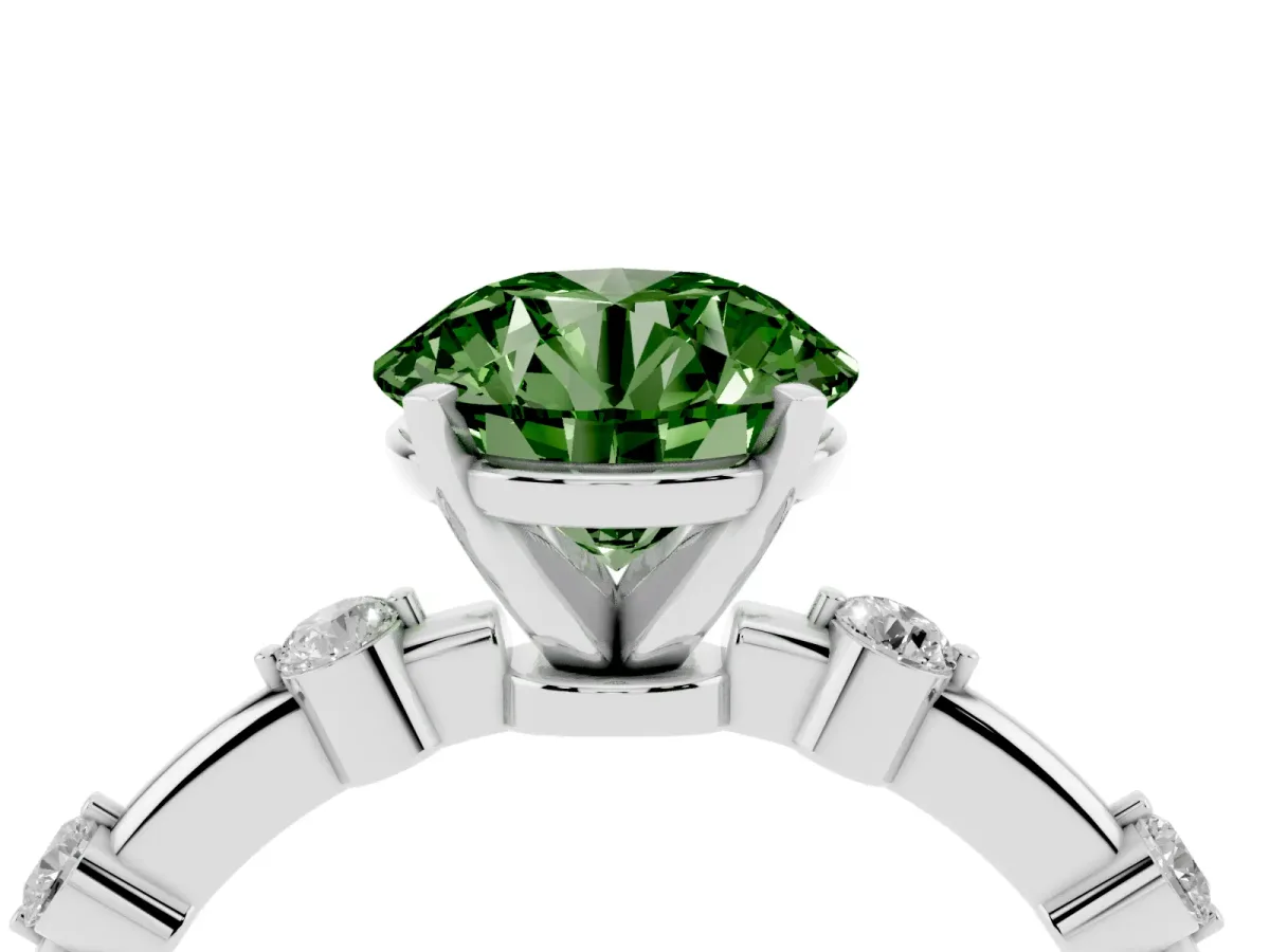 Fancy Green Round Cut Solitaire Diamond Ring with Bezel Set Side Stones and Prong Setting Silver