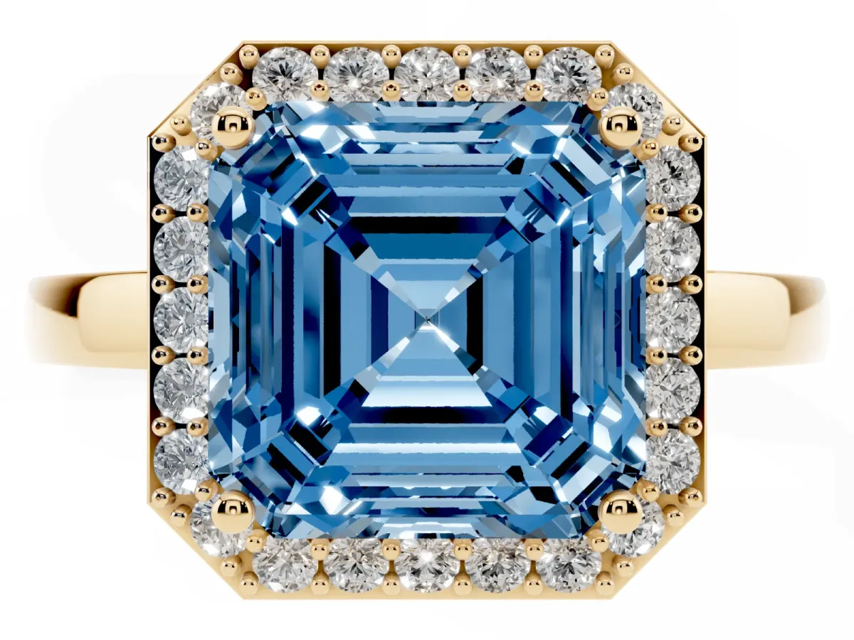 Fancy Blue Asscher Cut Halo Diamond Ring with Solitaire Band and Prong Setting Yellow gold