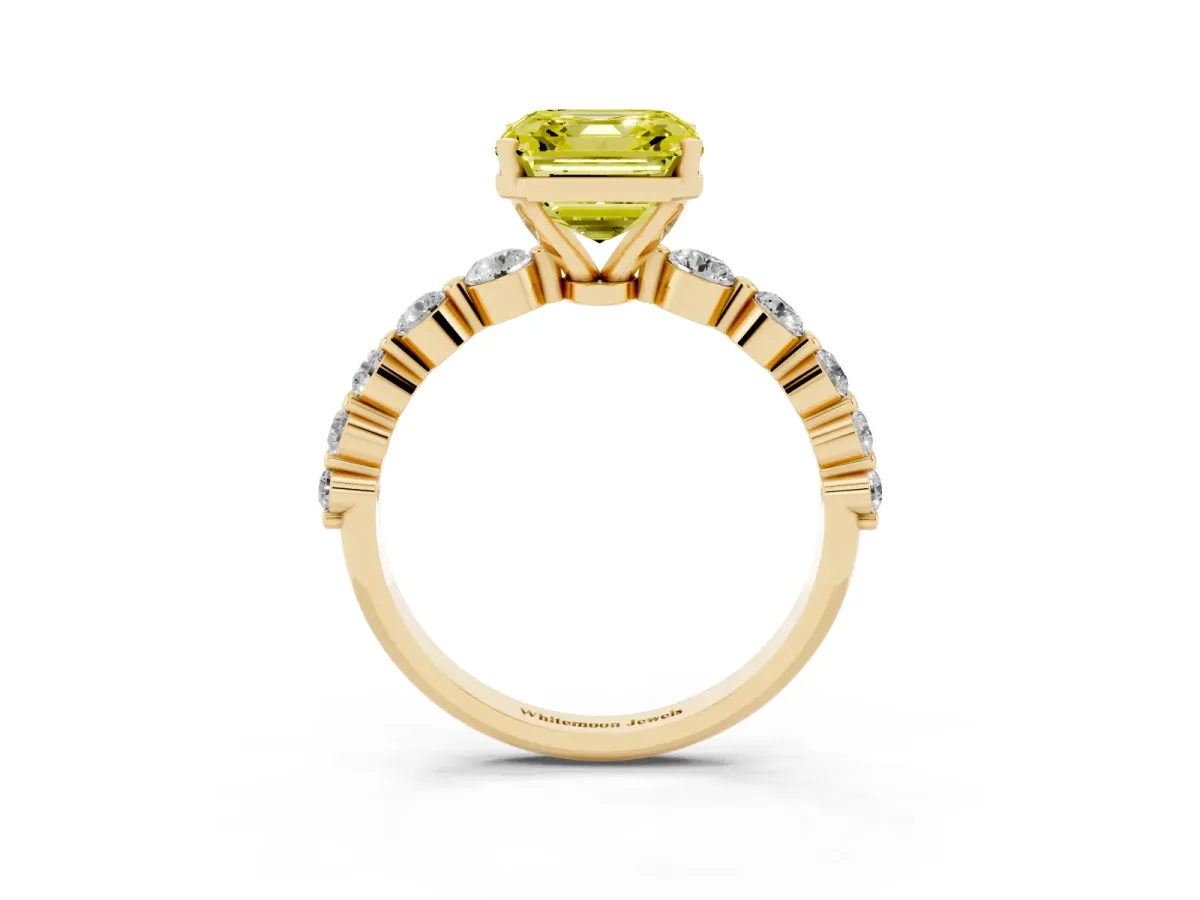 Fancy Yellow Asscher Cut Solitaire Diamond Ring with Pave Band and Four-Prong Setting Yellow gold