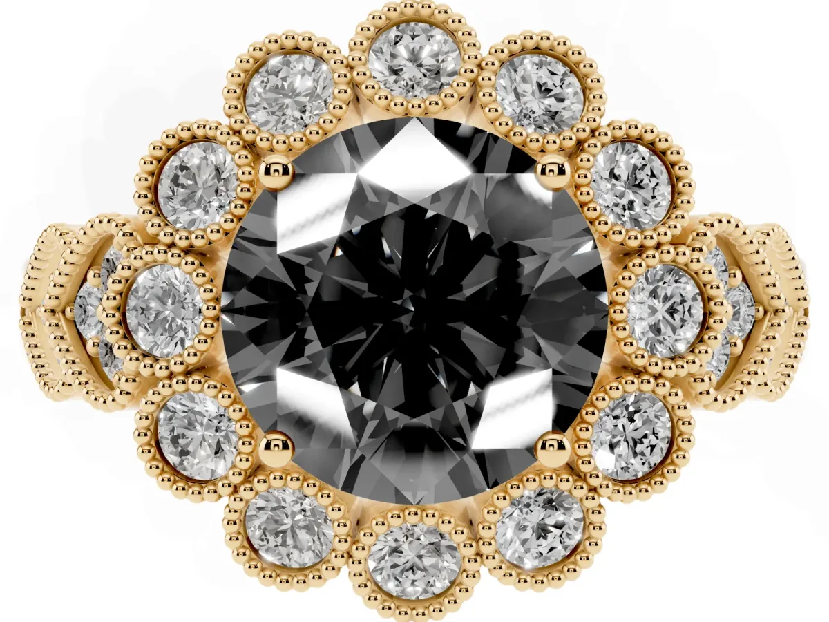 Fancy Black Round Cut Brilliant Milgrain Pave Heart Band Solitaire Ring Yellow gold