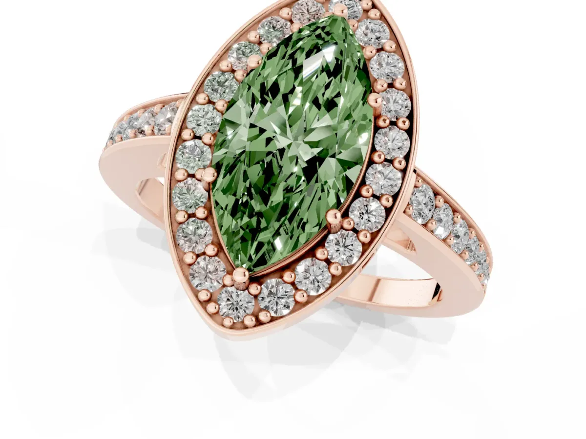 Fancy Green Marquise Cut Halo Pavé Diamond Engagement Ring with Bezel Setting Rose gold
