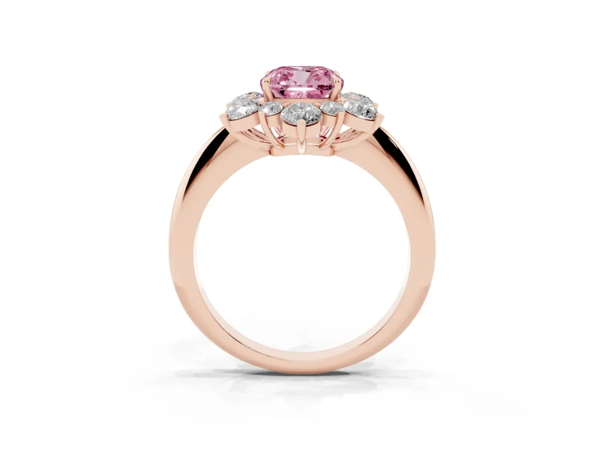 Fancy Pink Cushion Cut Diamond Cluster Halo Ring with Solitaire Band and Four-Prong Setting Rose gold