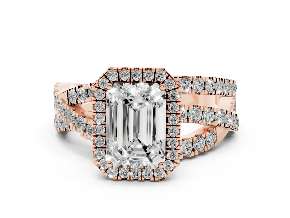 Emerald Cut Diamond Halo Ring with Round Split Shank and Prong Setting Rose gold