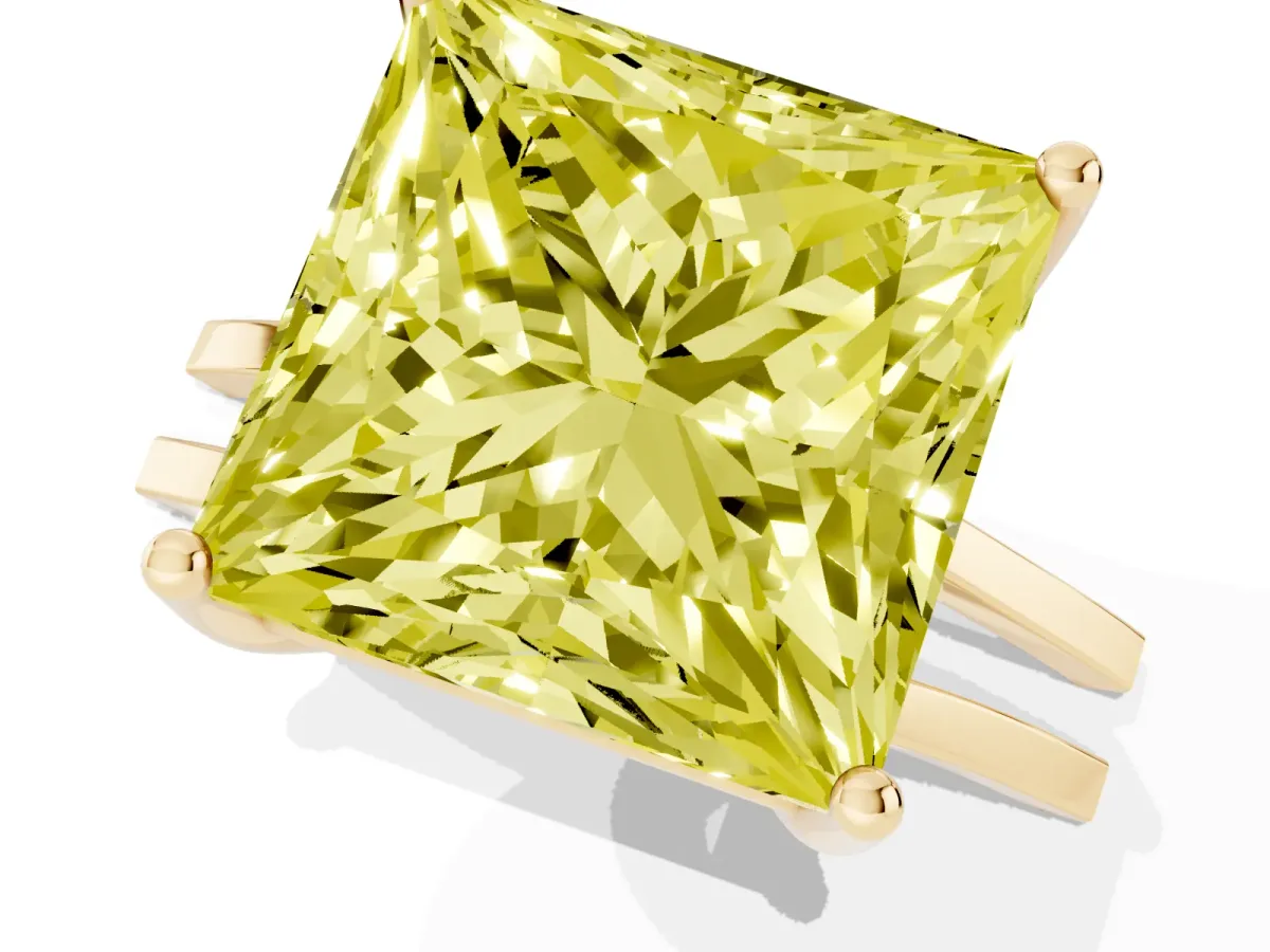 Fancy Yellow Princess Cut Cut Diamond Solitaire Engagement Ring with Tapered Plain Band and Four-Prong Setting Yellow gold