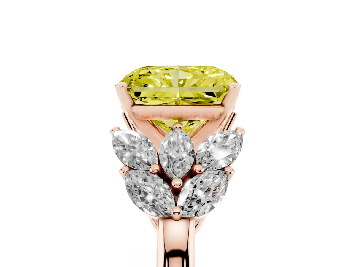 Fancy Yellow Radiant Cut Diamond Cluster Leaf Design Ring with Prong Setting Rose gold