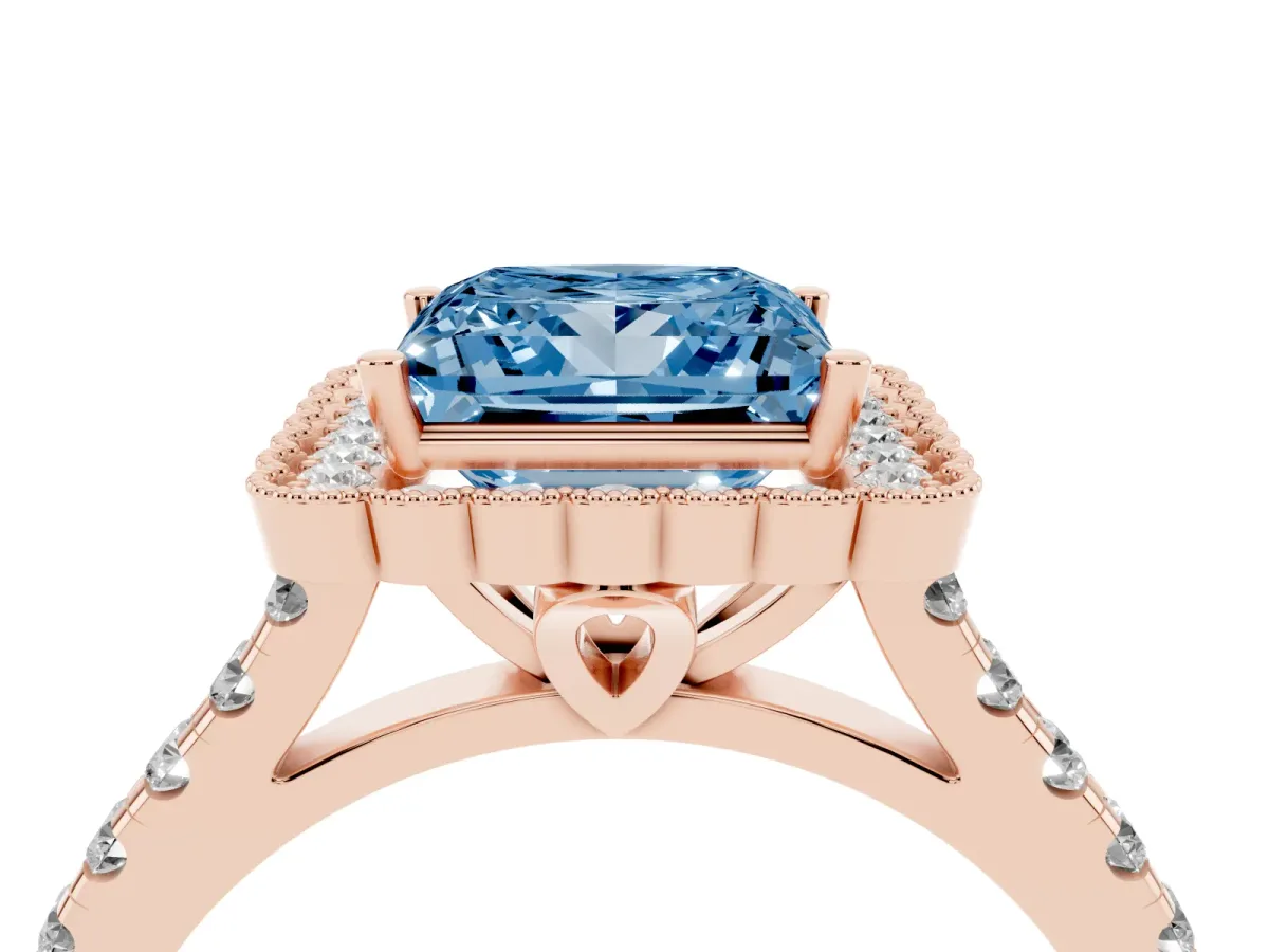Fancy Blue Princess Cut Cut Diamond Milgrain Floral Halo Engagement Ring with Pavé Band Rose gold
