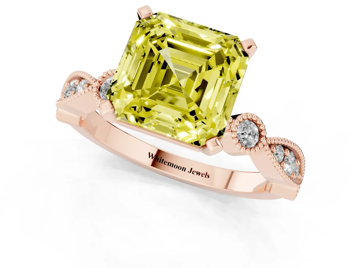 Fancy Yellow Asscher Cut Milgrain Bezel Diamond Engagement Ring with Solitaire Prong Setting Rose gold