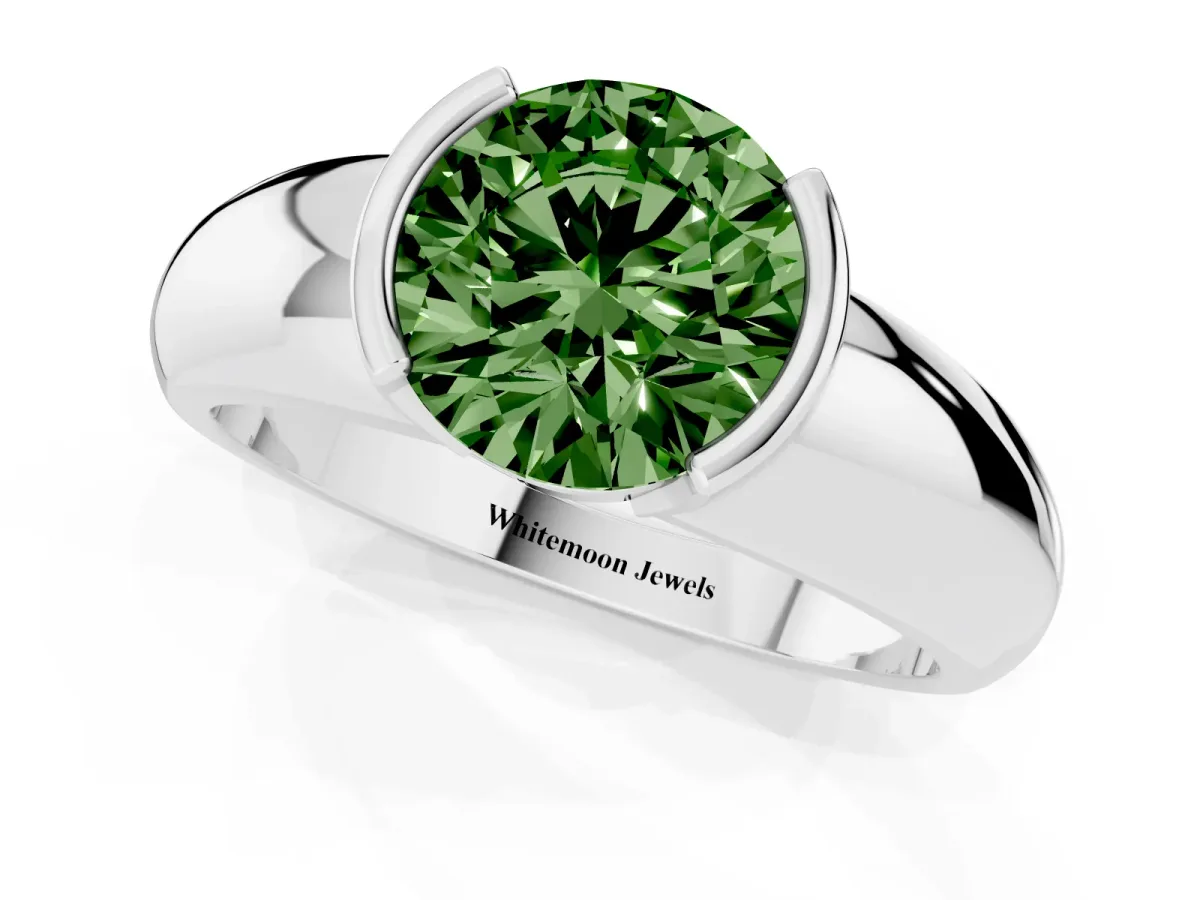 Fancy Green Round Cut Solitaire Tension Set Diamond Ring with Wide Band White gold