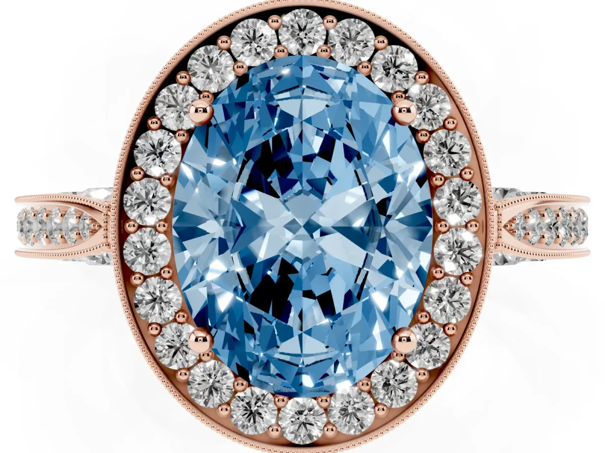 Fancy Blue Oval Cut Halo Diamond Engagement Ring with Split Shank Band and Four-Prong Setting Rose gold