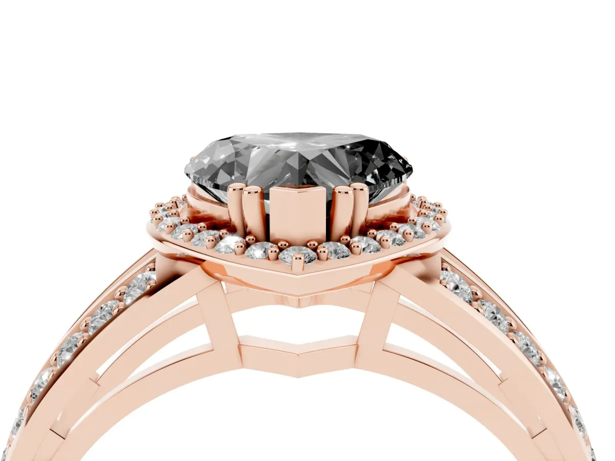 Fancy Black Heart Cut Diamond Halo Ring with Split Shank Pavé Band and Four-Prong Setting Rose gold
