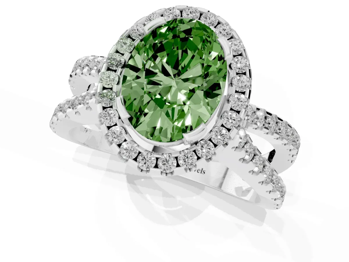 Fancy Green Oval Cut Diamond Halo Ring with Split Shank Pavé Band and Prong Setting Silver