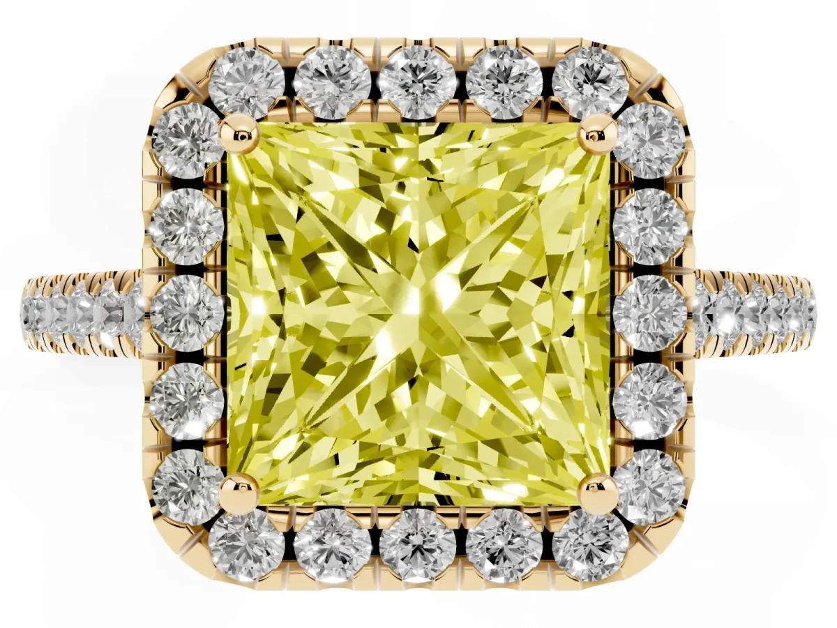 Fancy Yellow Princess Cut Halo Pavé Diamond Engagement Ring with Four-Prong Setting Yellow gold