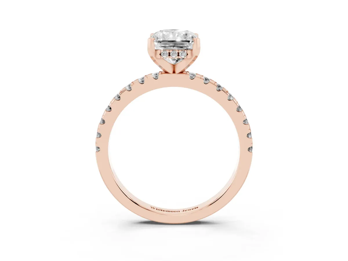 Radiant Cut Diamond Solitaire Ring with Round Pavé Band and Four-Prong Setting Rose gold