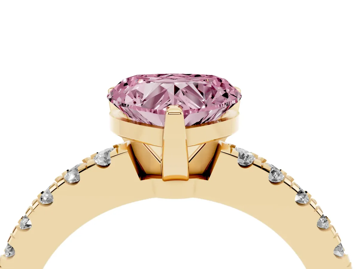 Fancy Pink Heart Cut Solitaire Diamond with Pavé Band and Four-Prong Setting Yellow gold