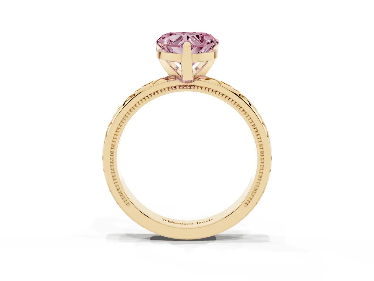 Fancy Pink Heart Cut Solitaire Engagement Ring with Scrollwork Band and Four-Prong Setting Yellow gold