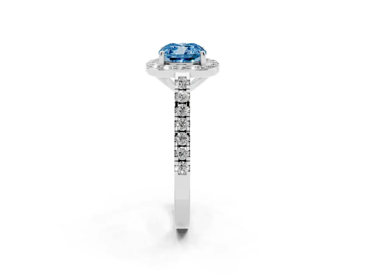Fancy Blue Cushion Cut Diamond Halo Ring with Round Pavé Split Shank and Prong Setting Silver