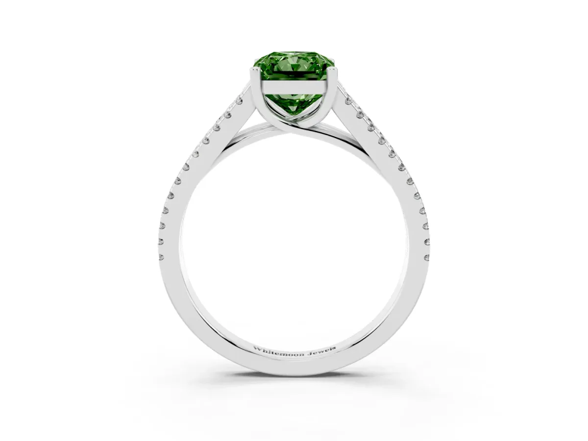 Fancy Green Radiant Cut Diamond Solitaire Engagement Ring with Split Shank Pavé Band Silver
