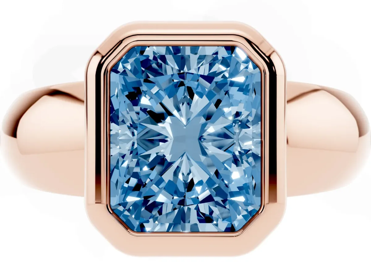 Fancy Blue Bezel Set Radiant Cut Solitaire Ring with Wide Band Rose gold