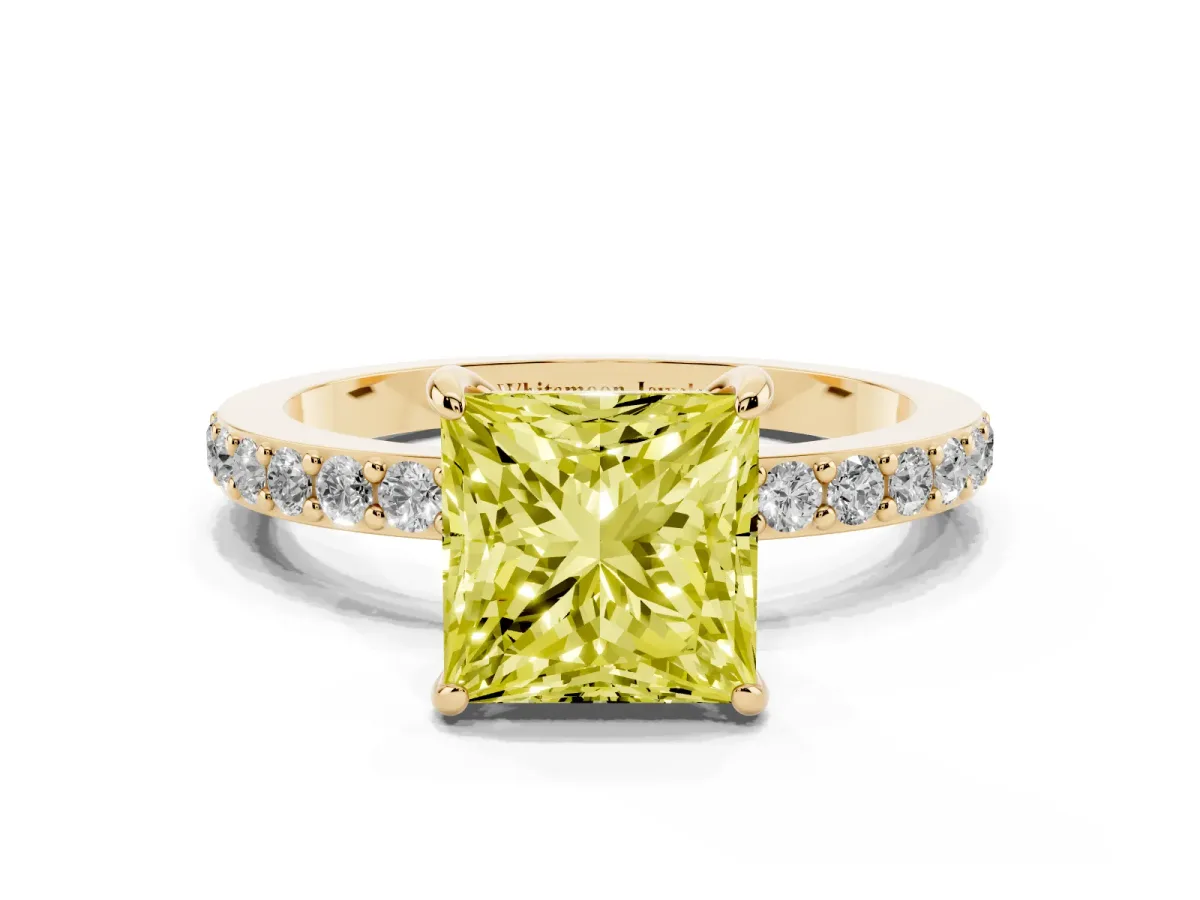 Fancy Yellow Princess Cut Diamond Pavé Engagement Ring with Round Accents and Prong Setting Yellow gold