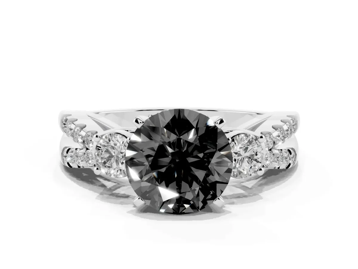 Fancy Black Round Cut Diamond Three-Stone Ring with Pavé Split Shank and Four-Prong Setting Silver