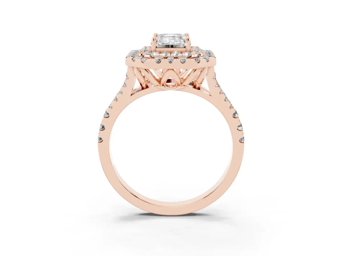 Double Halo Emerald Cut Diamond Pavé Split Shank Ring with Prong Setting Rose gold