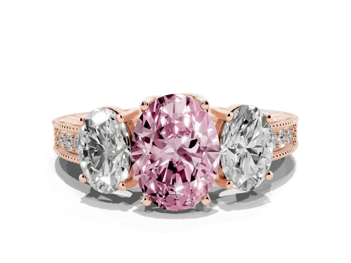 Fancy Pink Three-Stone Oval Cut Cut Milgrain Pavé Engagement Ring Rose gold