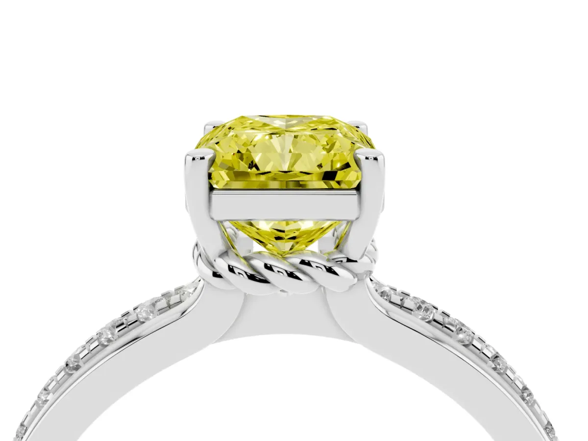 Fancy Yellow Radiant Cut Solitaire Diamond Ring with Channel Set Band and Six-Prong Setting White gold