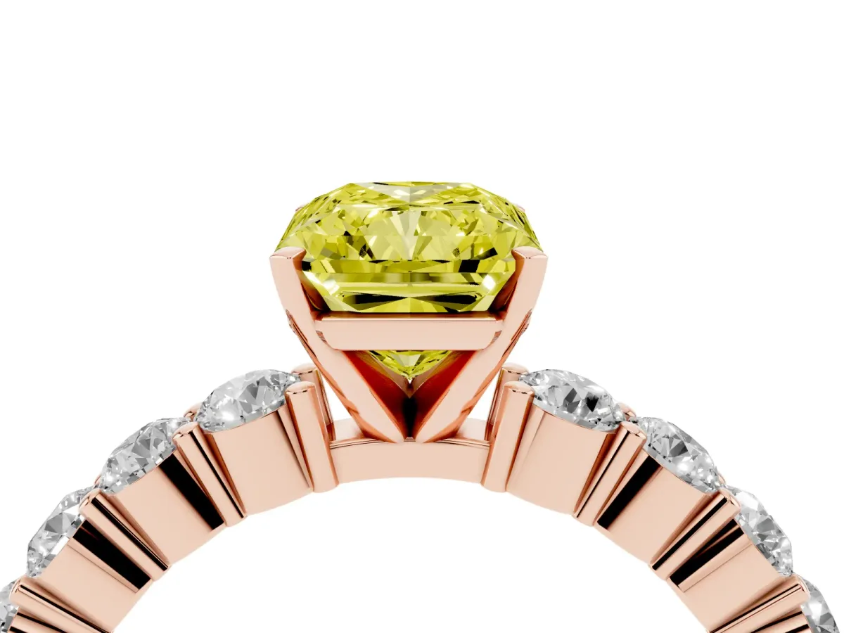 Fancy Yellow Radiant Cut Diamond Solitaire Ring with Shared Prong Round Side Stones Rose gold