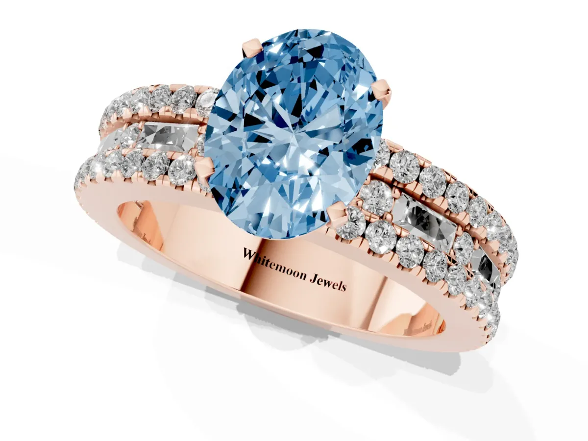 Fancy Blue Oval Cut Diamond Solitaire Ring with Pavé and Channel Set Band Rose gold