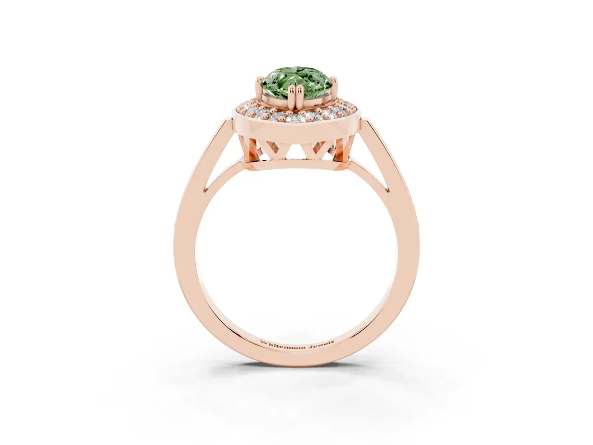 Fancy Green Marquise Cut Diamond Halo Ring with Split Shank and Four-Prong Setting Rose gold
