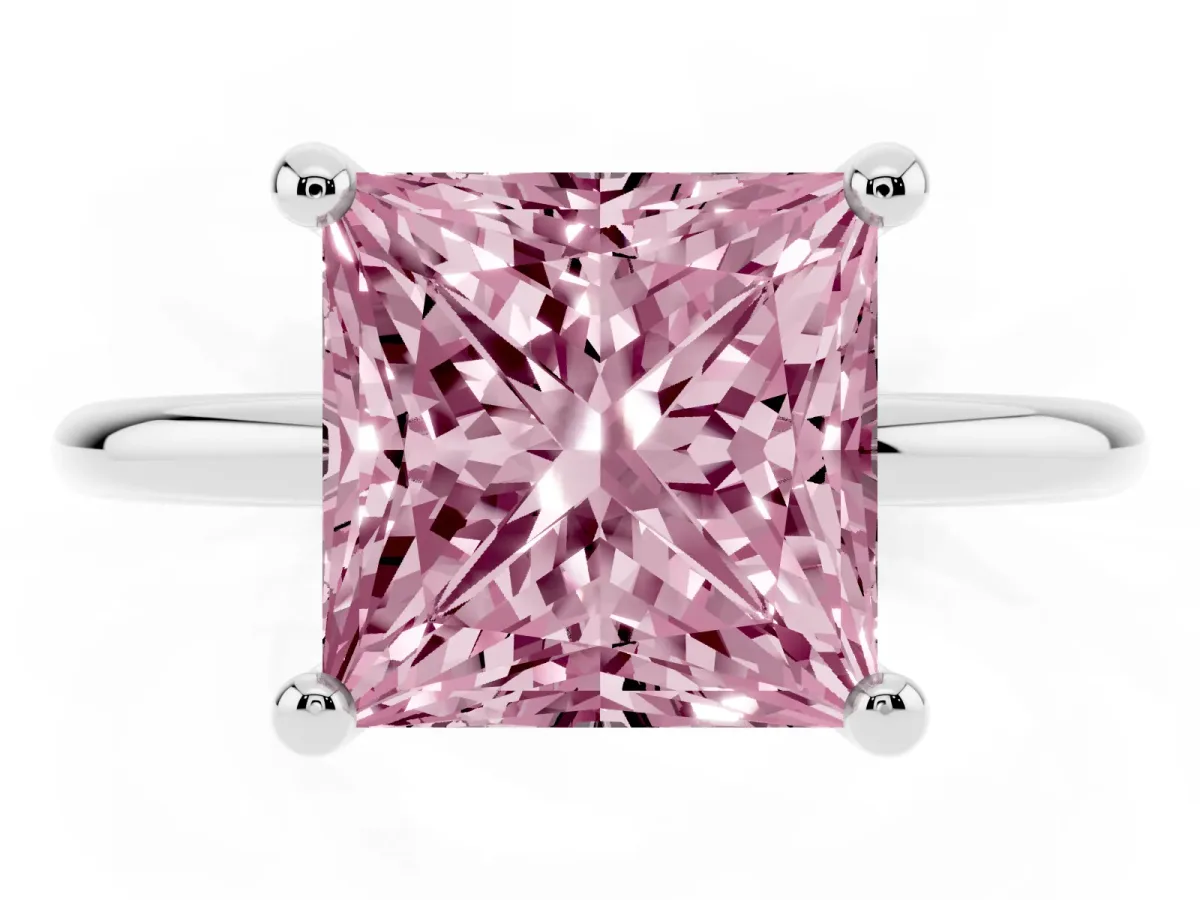 Fancy Pink Princess Cut Solitaire Diamond Ring with 4-Prong Setting on a Classic Band Silver
