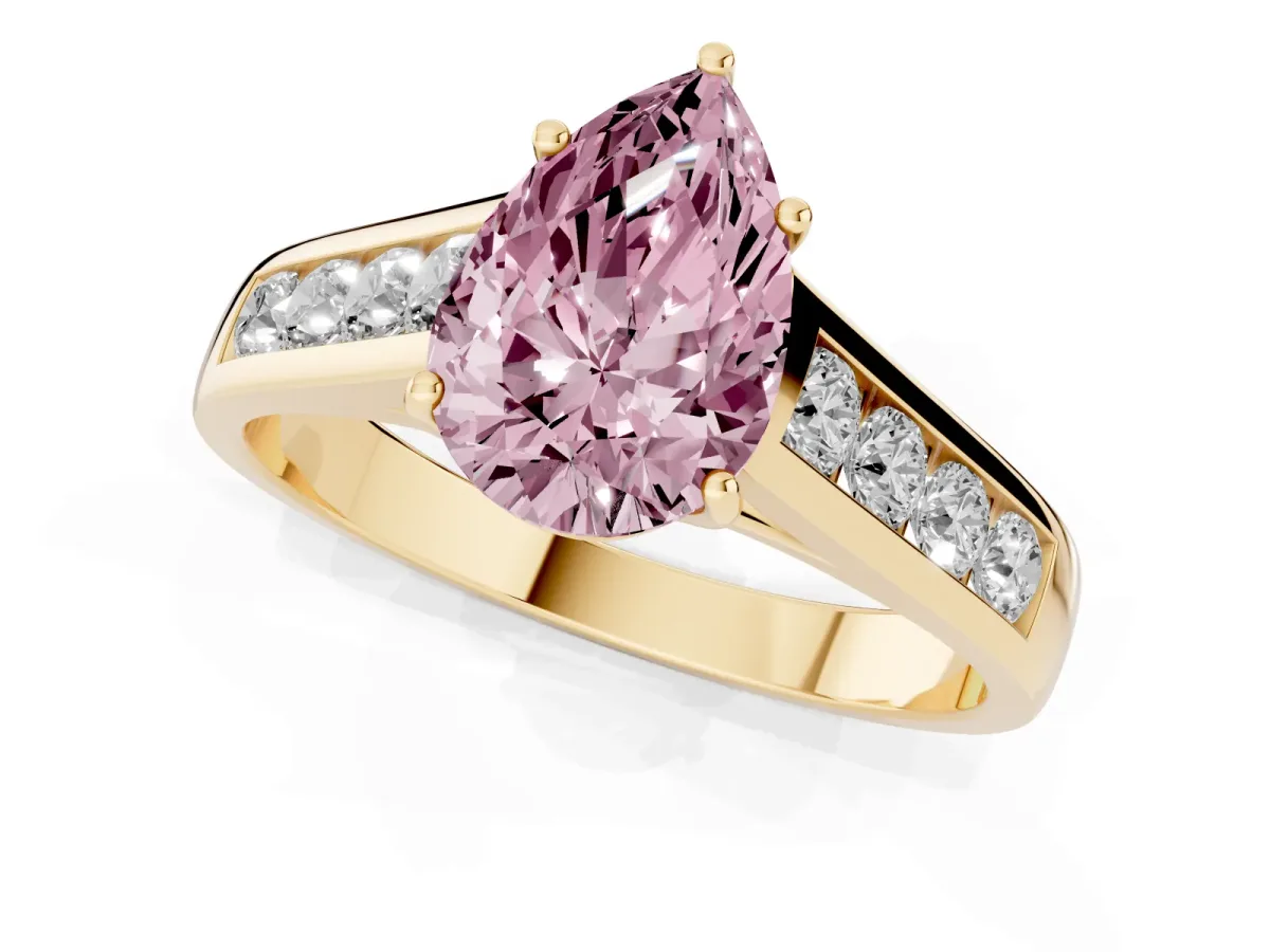 Fancy Pink Pear Cut Solitaire Channel-Set Diamond Engagement Ring with Four-Prong Setting Yellow gold