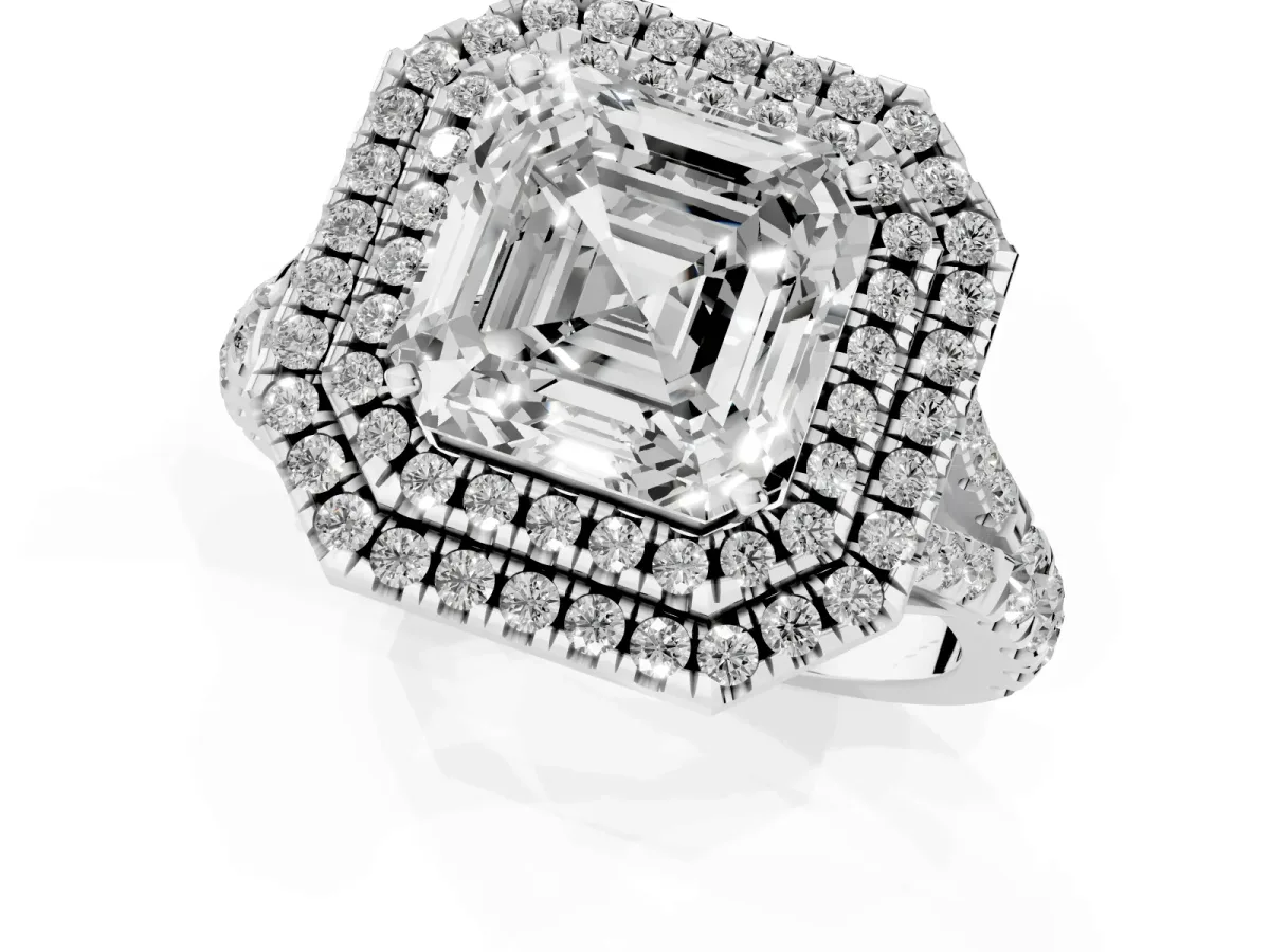 Asscher Cut Diamond Pavé Split Shank Double Halo Engagement Ring Silver