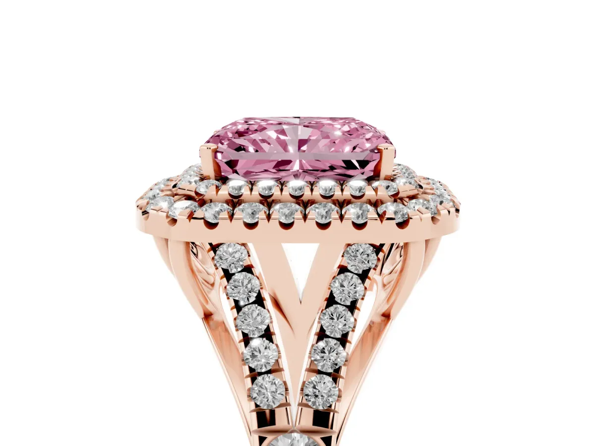 Fancy Pink Radiant Cut Diamond Double Halo Ring with Split Shank and Prong Setting Rose gold