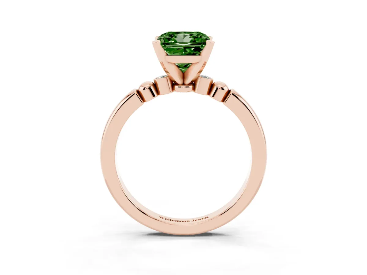 Fancy Green Princess Cut Solitaire Beaded Band with Four-Prong Setting Rose gold