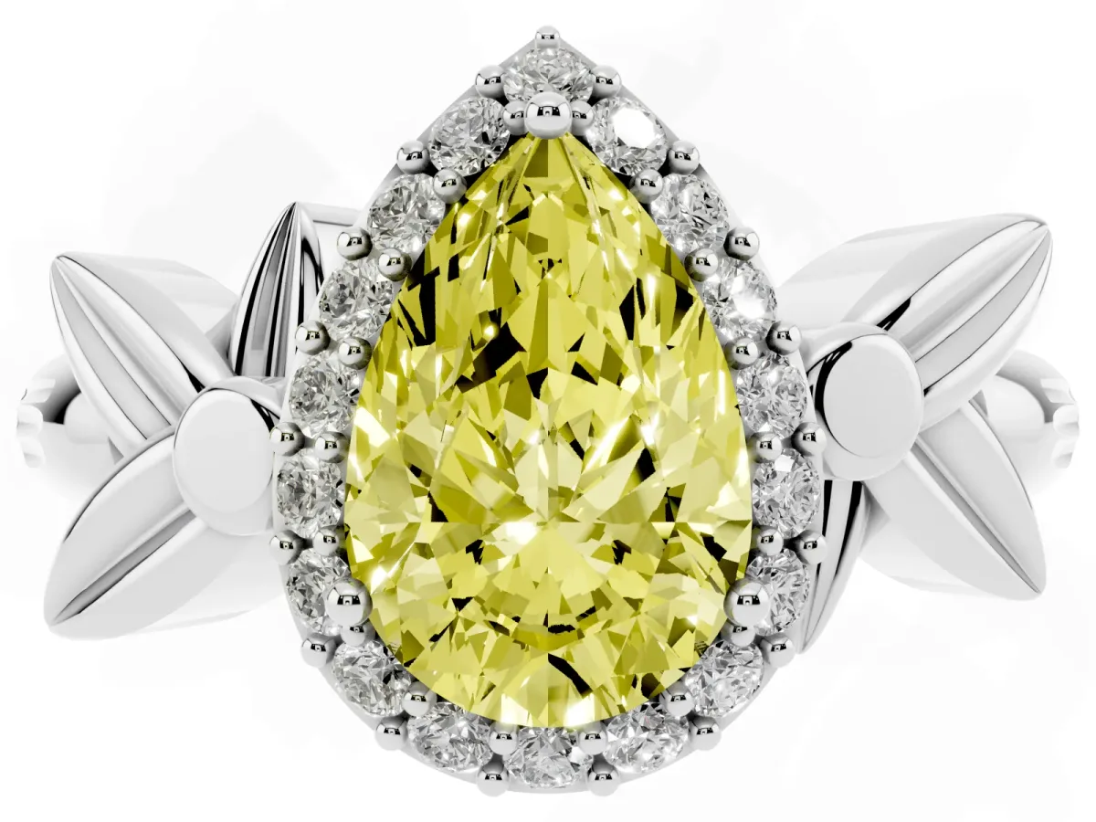 Fancy Yellow Pear Cut Halo Diamond Floral Band with Four-Prong Setting Platinum