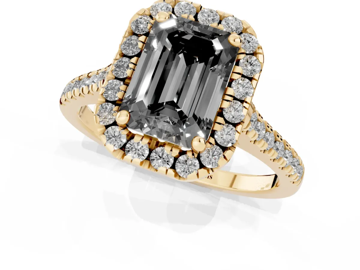 Fancy Black Emerald Cut Diamond Cushion Halo Ring with Pavé Band Yellow gold