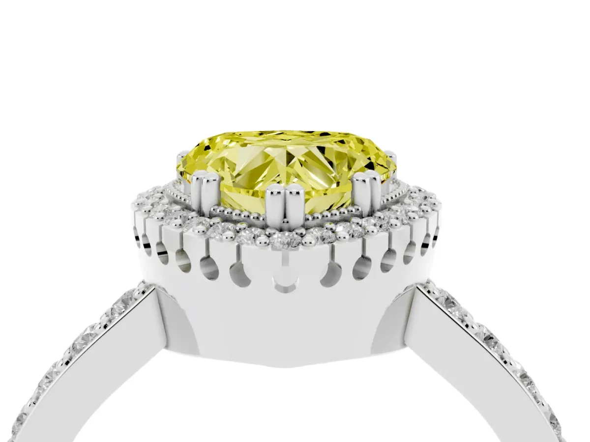 Fancy Yellow Heart Cut Cut Diamond Halo Engagement Ring with Milgrain Detail and Pavé Band Silver