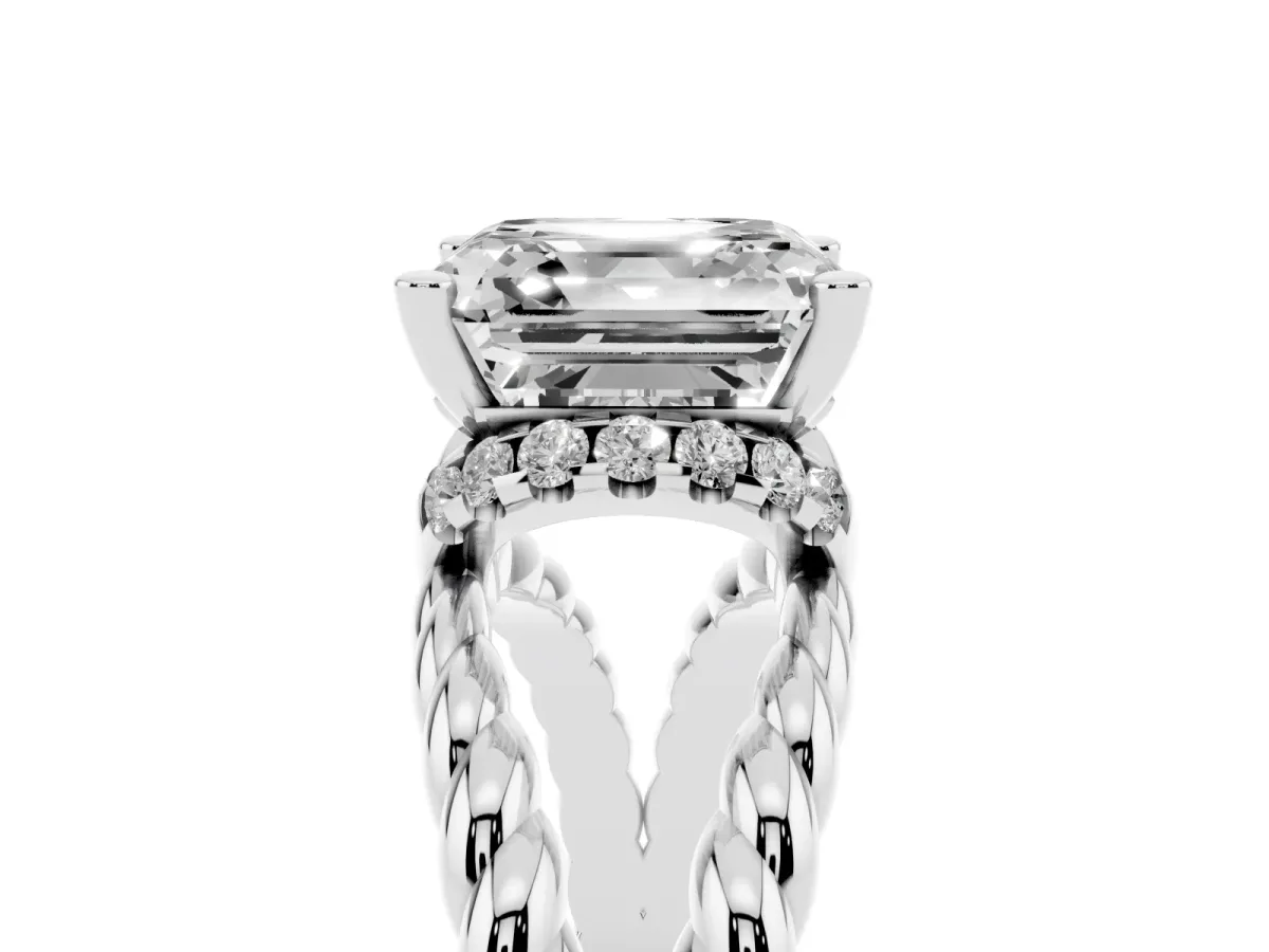 Asscher Cut Halo Twisted Band Four-Prong Ring Silver