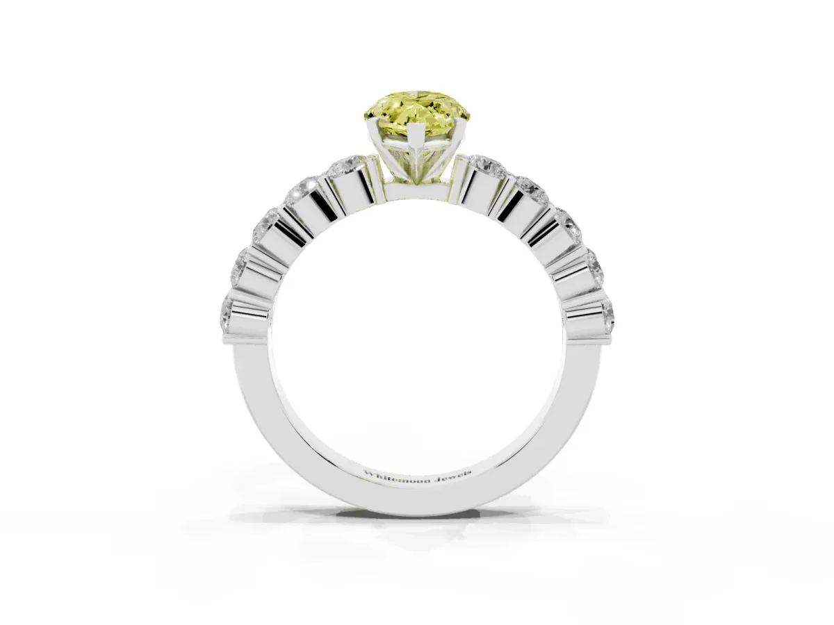 Fancy Yellow Marquise Cut Diamond Solitaire Ring with Shared Prong Round Side Stones Silver
