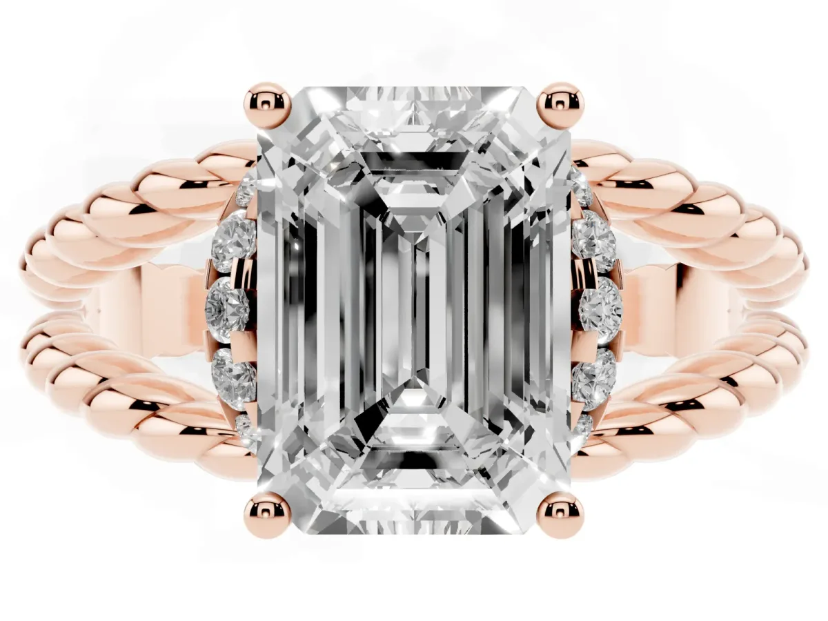 Emerald Cut Halo Twisted Band Four-Prong Ring Rose gold