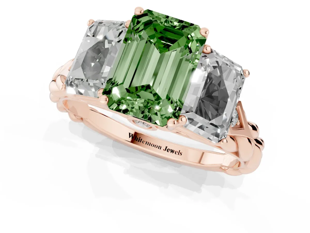 Fancy Green Three-Stone Emerald Cut Diamond Braided Band Ring with Four-Prong Setting Rose gold