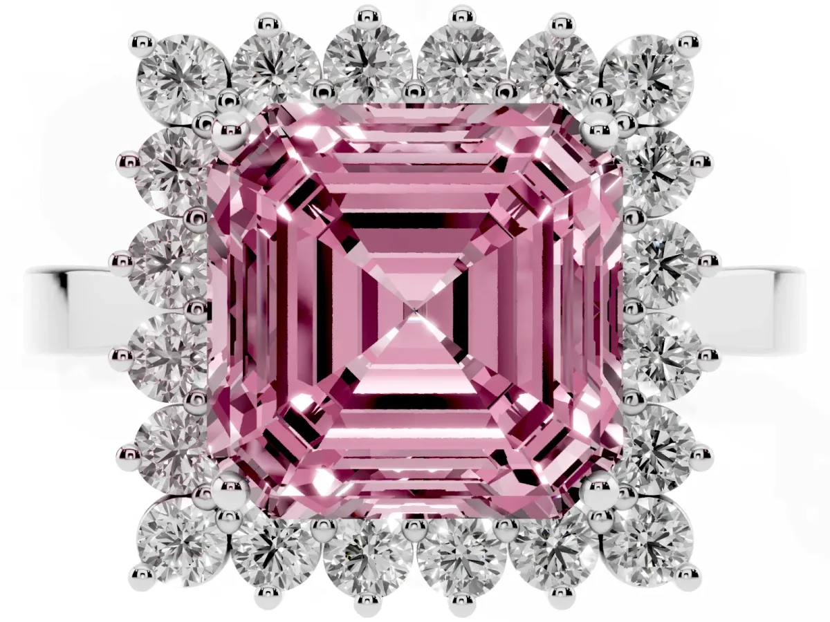 Fancy Pink Asscher Cut Cut Diamond Halo Ring with Round Brilliant Halo and Solitaire Band Platinum