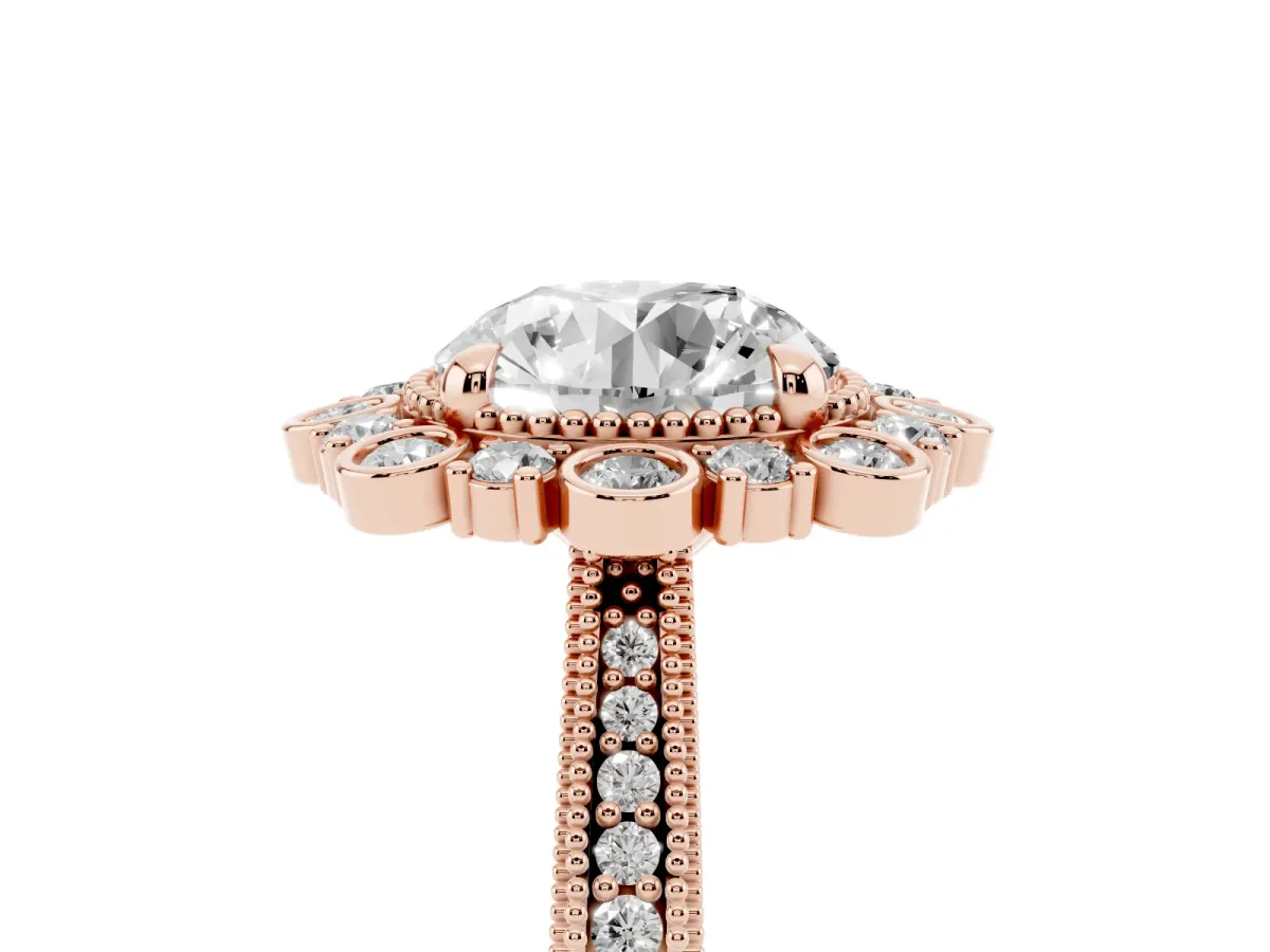 Round Cut Halo Milgrain Pave Diamond Ring with Four-Prong Setting Rose gold
