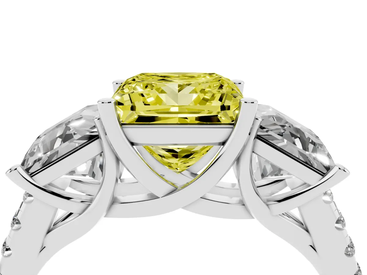 Fancy Yellow Three-Stone Princess Cut Diamond Ring with Round Pavé Band and Prong Setting Silver
